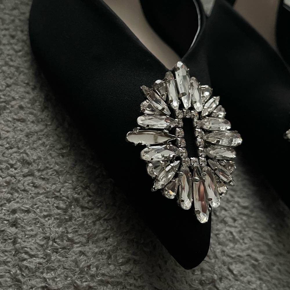 Zara Black Satin Pointed Slingback Heels with Crystal Brooch - Picture 11 of 16